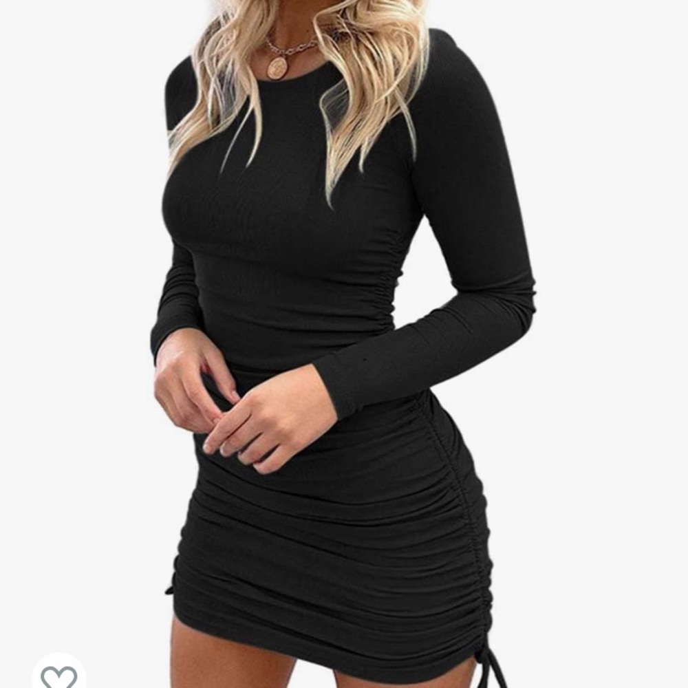 Ruched Long Sleeve Black Dress